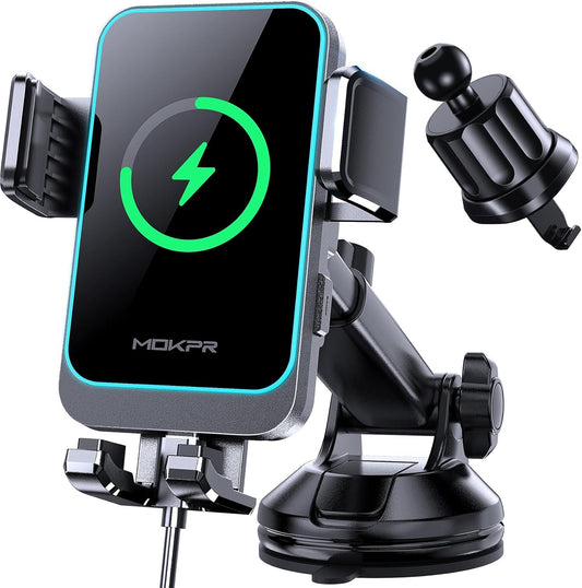 Wireless Car Charger, MOKPR 15W Fast Charging Auto Clamping Dashboard Windshield Air Vent Car Phone Holder with LED Light Car Charger for iPhone 16 15/14/13/12 Pro Max Plus, Samsung S23/S22/S21,etc