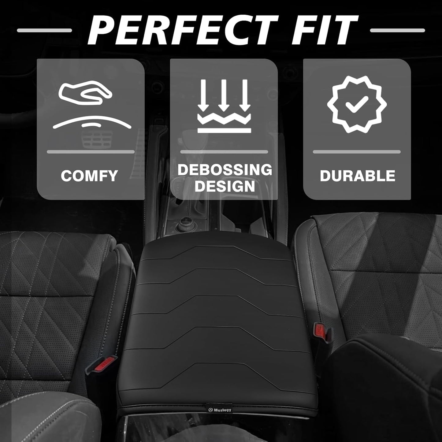 Muslogy Center Console Armrest Cover Compatible with 2020-2024 2025 Kia Telluride Comfort Armrest Pad Arm Rest Cushion Vegan Leather Protector Black Regular Thick