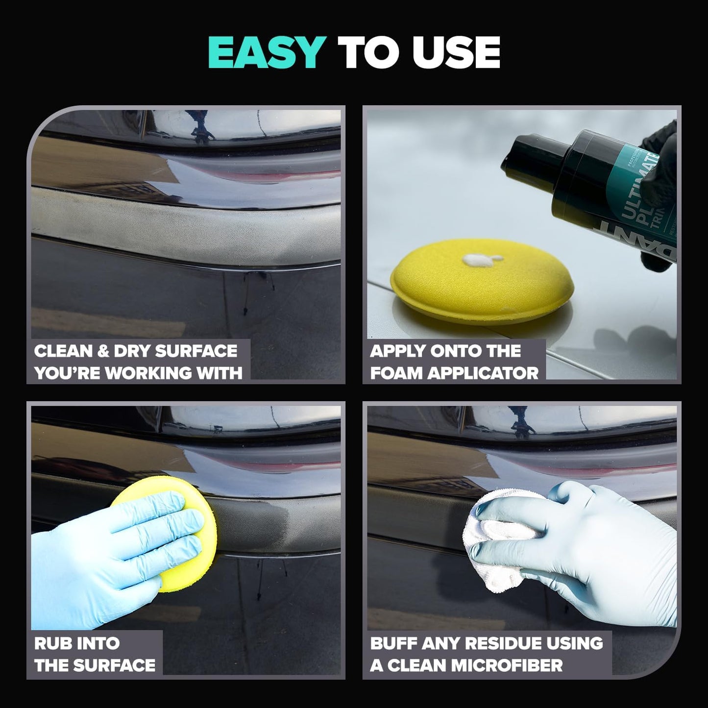 Carfidant Plastic Restorer for Cars – Refreshes Faded Plastic, Vinyl & Rubber Trim with Polish for Deep Shine – Protects Against UV & Dirt – Black Exterior & Interior Care for Detailing - 16 fl. Oz.
