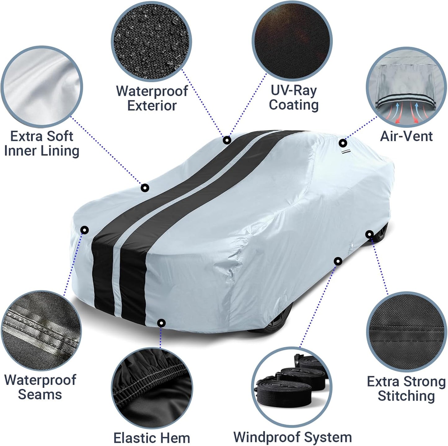 iCarCover Premium Plus Car Cover for 1964-1967 Chevy El Camino Waterproof All Weather Rain Snow UV Sun Hail Protector for Automobiles, Full Exterior Indoor Outdoor Car Cover (Stripe - Gray/Black)