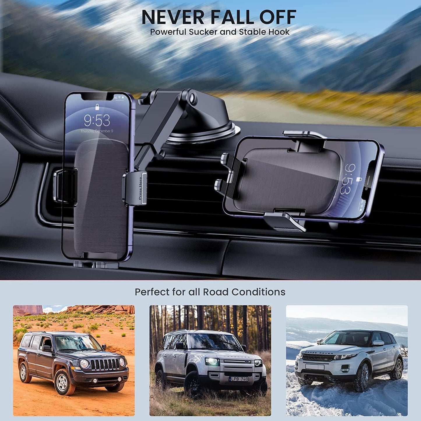 Qifutan Universal Car Phone GPS Navigator Mount - 3-in-1 Windshield/Dashboard/Air Vent Holder for iPhone & Android GPS Navigator, 360° Adjustable, Secure Suction Cup, Anti-Slip Silicone