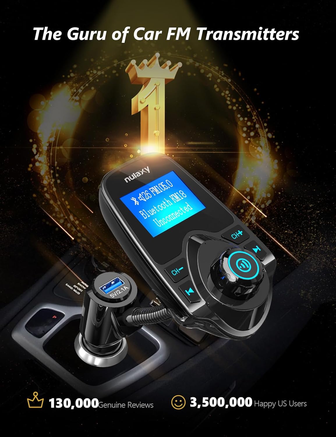 Nulaxy Car Bluetooth FM Transmitter [2024 Upgraded], 1.44" Display Flexible Gooseneck, Handsfree Call Wireless Music Stereo Audio Player Radio Adapter Car Kit USB Phone Charger, TF SD Card AUX-KM18