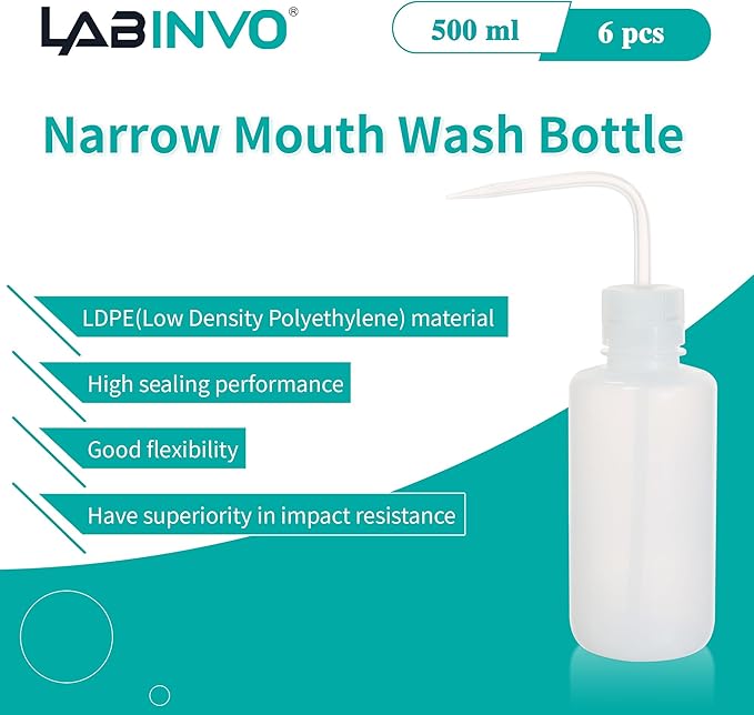 6pcs of Economy Wash Bottles, Vol.500ml (17oz), Narrow-Mouth, Self-Venting Safety Wash Bottles, LDPE Material,IN-WBN500