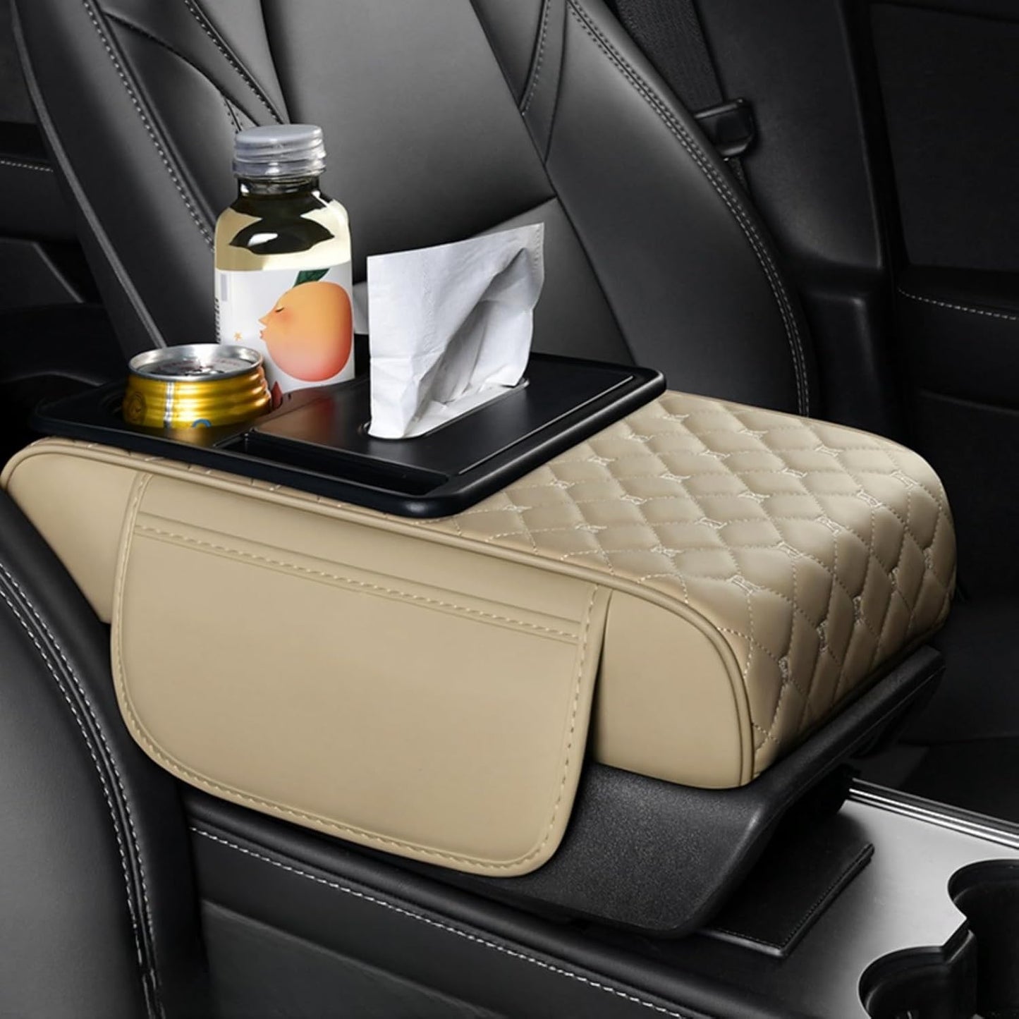 Center Console Cover Organizer, 5-In-1 Arm Rest Cover for Car with Cup Holder & Storage Pocket & Tissue Holder, Armrest Cover Cushion Pad, Grid, Beige