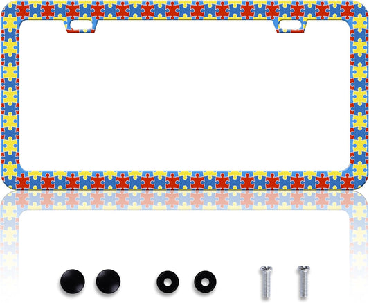 Autism Awareness License Plate Frame Puzzle License Plate Frames Personalise Stainless Steel Funny Design Compatible with Standard License Plate Holder for USA Canada 6 X 12 Inch 2 Holes with Screws