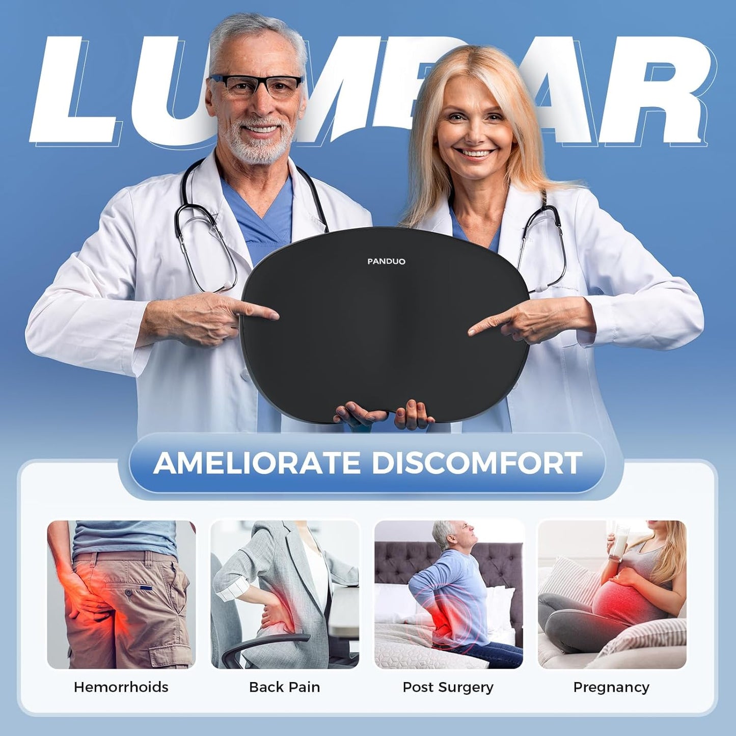 Lumbar Support Pillow for Office Chair, Memory Foam Lumbar Pillow for Lower Back Pain Relief (Black)