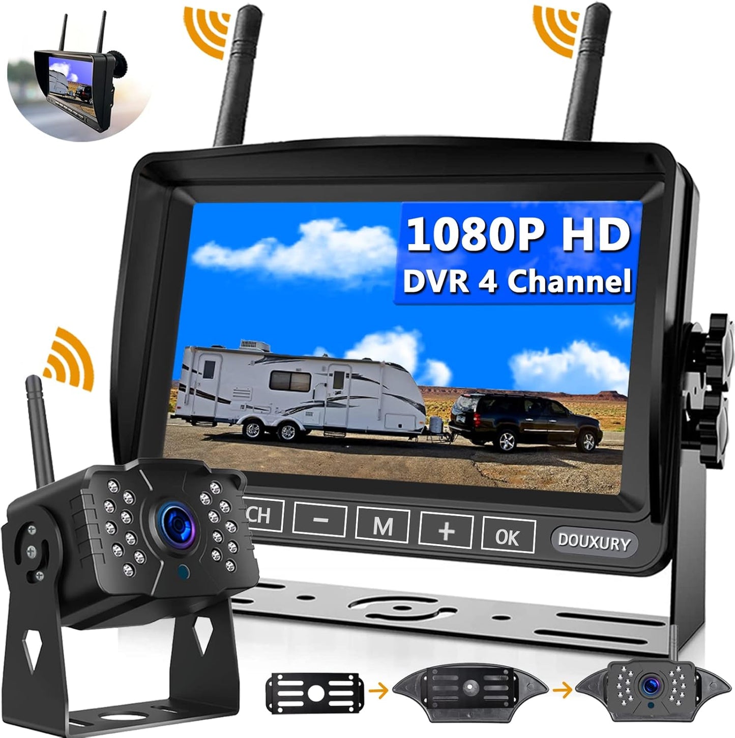 Wireless RV Backup Camera, DOUXURY IP69 Waterproof 170° Wide View Angle HD 1080P Rear View Camera + HD LCD 7" Monitor, Digital Wireless Camera System for RV Truck 5th Wheel Trailer Pickup Camper Bus