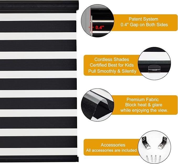 Persilux Cordless Zebra Blinds for Windows Free-Stop Roller Windows Shades (31" W X 72" H, Black) Dual Layer Light Control for Day and Night, Light Filtering Sheer Shades for Home, Easy to Install