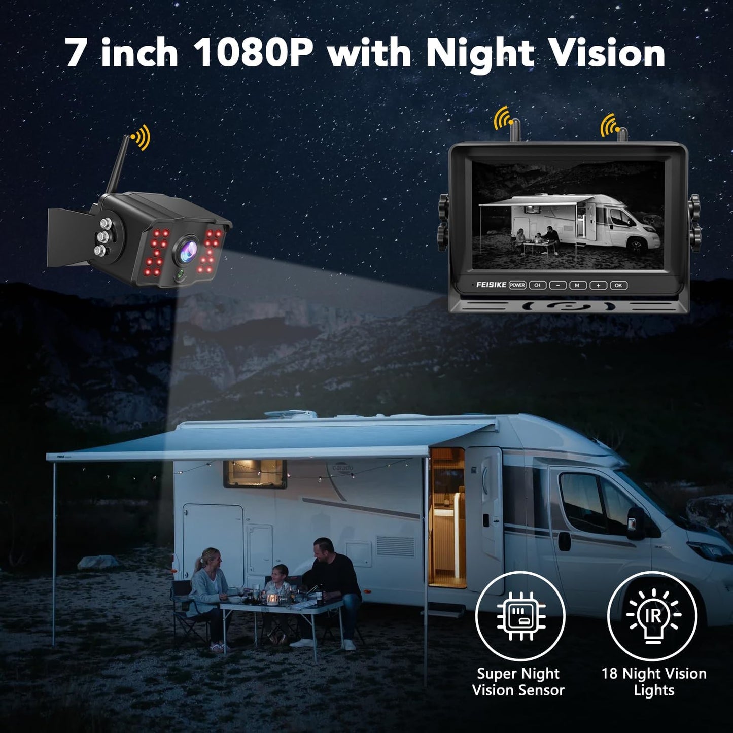 Dual RV Backup Camera Wireless with 7" 1080P Monitor, for Furrion Pre-Wired RVs, 4-Channel Split Screen System, Loop Recording, IR Night Vision, Wide Rear View Camera for Truck, Trailer, Camper