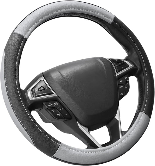 SEG Direct Car Steering Wheel Cover for F-150 Tundra Range Rover 15.5-16 inch, Black and Gray Microfiber Leather