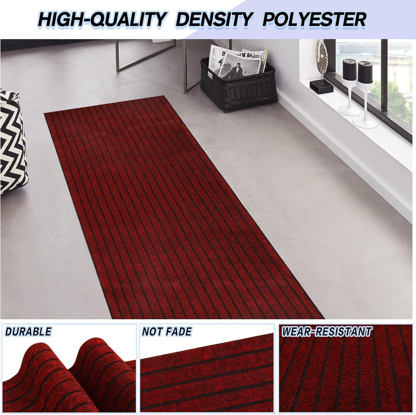 Custom Size Backed Non-Slip Area Rugs Runner, Easy Clean, Waterproof Runner Rugs for Hallway Entryway, Kitchen, Laundry, 4FT x 35FT, Red Stripe