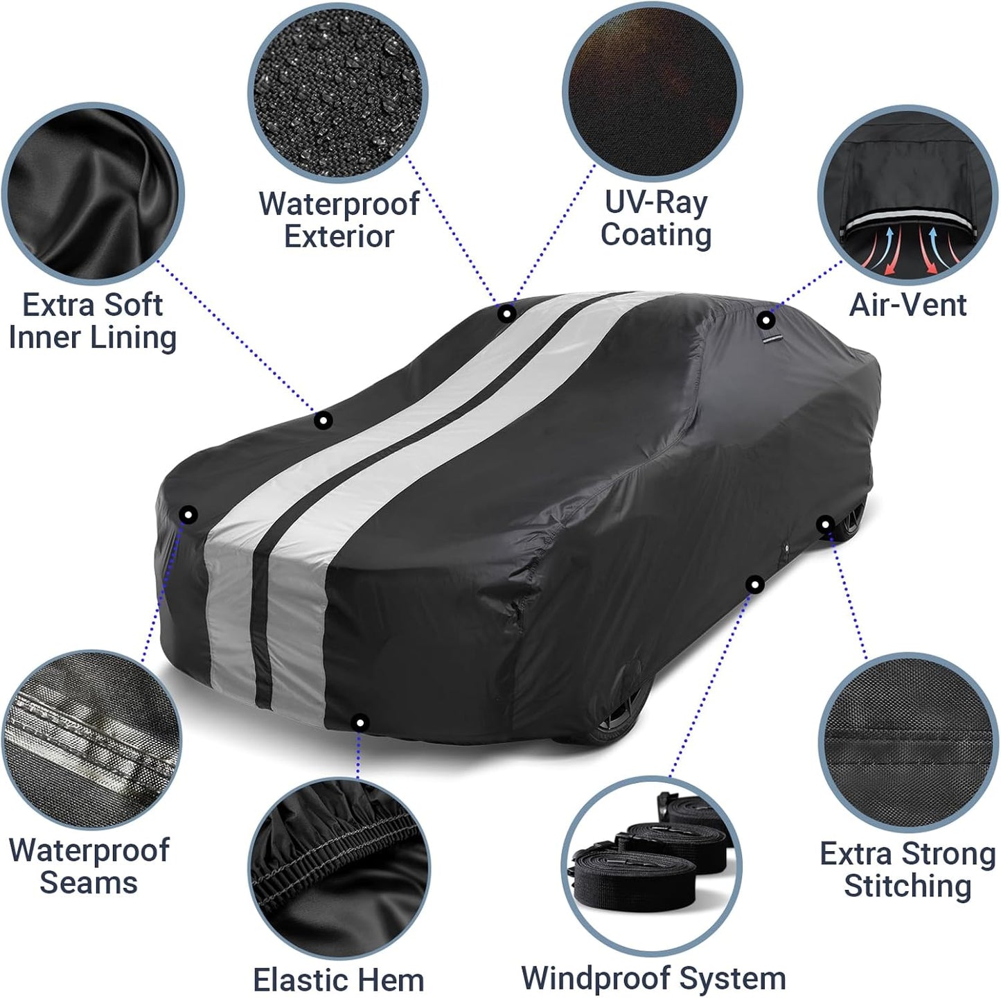 iCarCover Custom Car Cover for Buick Skylark (1964-1972) Waterproof All-Weather Rain Snow UV Sun Protector Full Exterior Indoor Outdoor Car Cover (Stripe - Black/Gray)