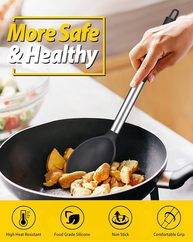 Pack of 2 Large Silicone Cooking Spoon Non Stick Solid Basting Spoons Heat-Resistant Kitchen Utensils for Mixing Serving (Black-White)