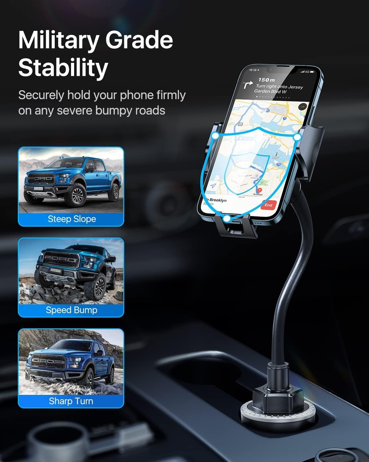 andobil Military-Grade Cup Phone Holder for Car/Truck, [2025 Enhanced] 13" 360° Adjustable Gooseneck w/Anti-Shake Car Mount, Universal Car Phone Holder for iPhone/Samsung/Pixel All 4.0-7.0" Devices