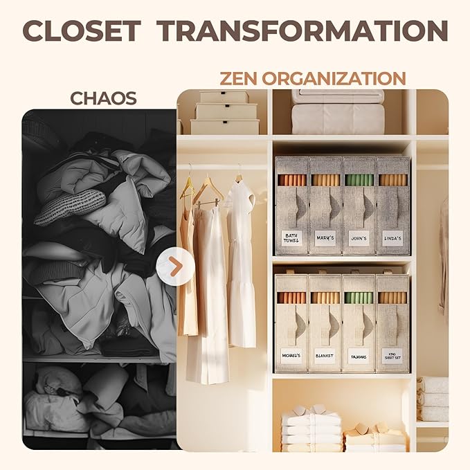 8Pack Sheet Organizers and Storage - King/Queen Size Sheet Storage Organizer with Window, Foldable & Dustproof Sheet Organizer for Linen Closet for Summer Blankets & Sheet Sets,Grey