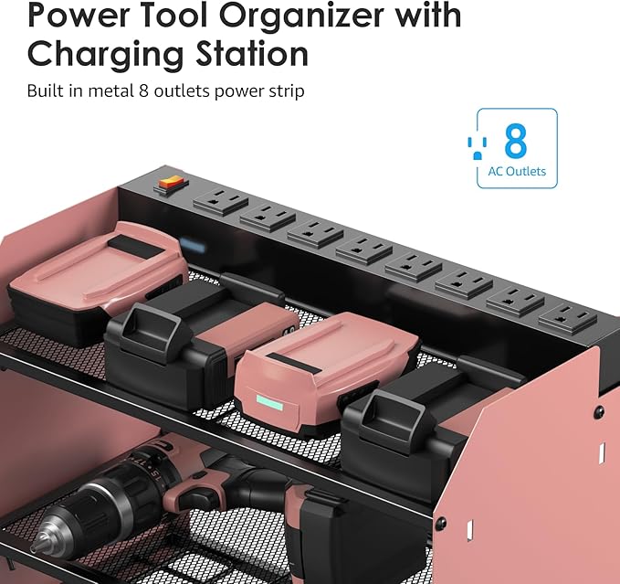 CCCEI Modular Power Tool Organizer Wall Mount with Charging Station. Garage Drill Storage Shelf with Hooks, Heavy Duty Rack, Tool Battery Holder Built in 8 Outlet. Gift for Men. Pink, 1 Pack.