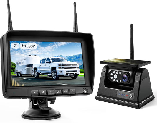 7" Magnetic Solar Wireless Backup Camera, HD 1080P 7" DVR Monitor, RV Camera Wireless System for Hitch Towing Travel RV Camper Trailer, 9600mAh Rechargeable Battery, Type-C Charging