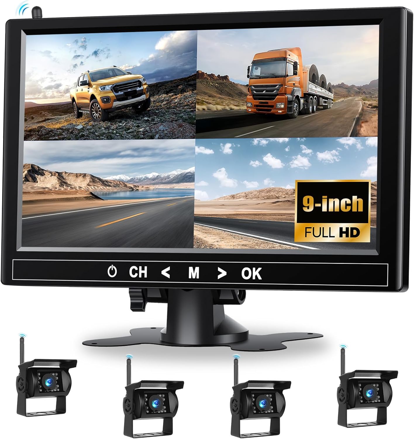 1080P Wireless RV Backup Camera System,9 Inch Reverse Camera Monitor for 4 Channels with IP69 Waterproof Night Vision Backup Camera Front Rear View Camera for Truck/RV/Van/SUV/Pickup