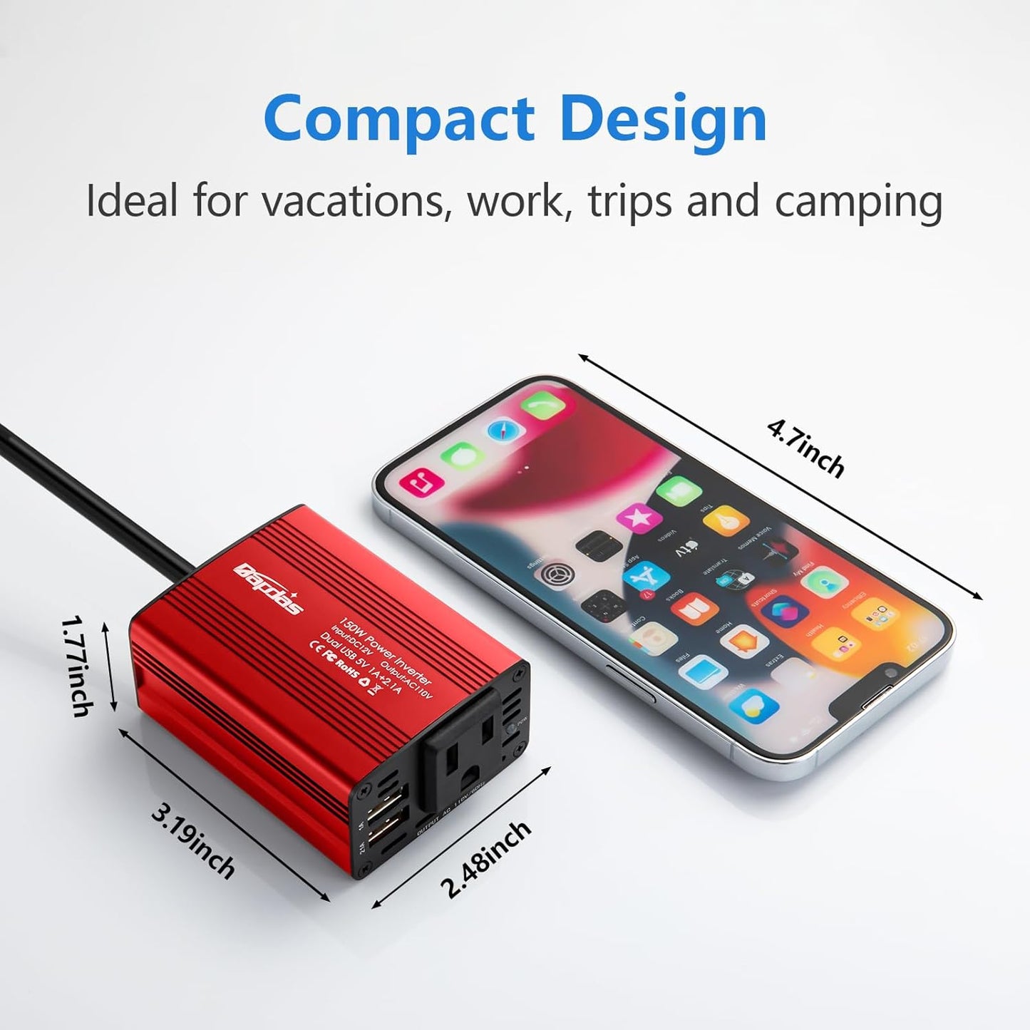 150W Power Inverter 12v to 110v Car Adapter Outlet to Wall Plug with 3.1A Dual USB Car Charger for Laptop Computer-Red
