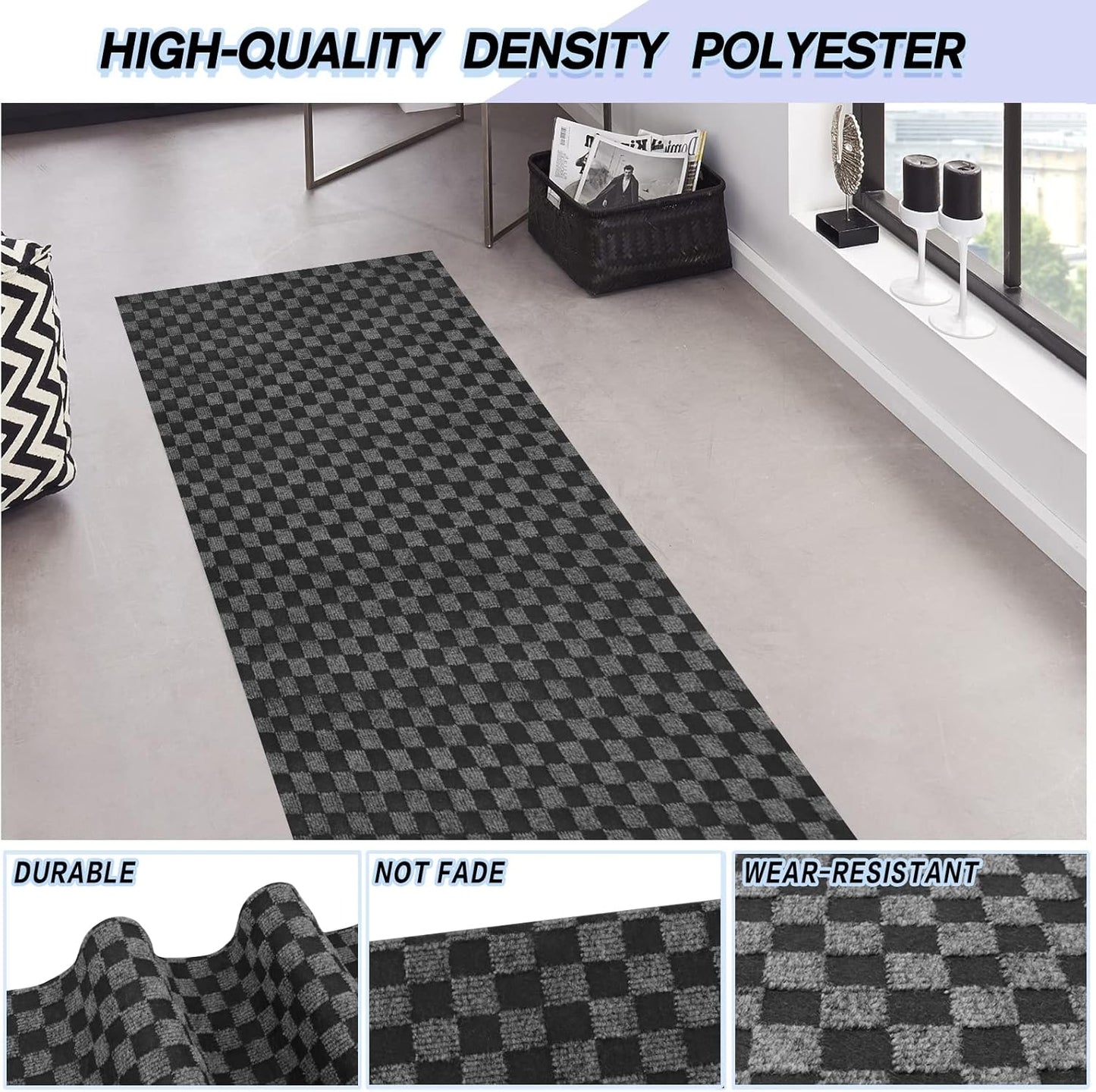 Custom Size Backed Non-Slip Area Rugs Runner, Easy Clean, Waterproof Runner Rugs for Hallway Entryway, Kitchen, Laundry, 4FT x 75FT, Gray Checkered