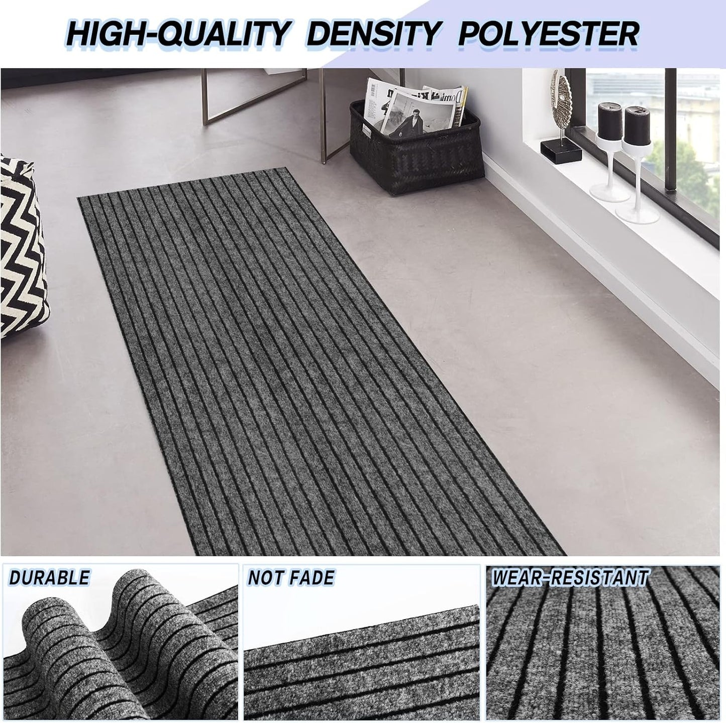 Custom Size Backed Non-Slip Area Rugs Runner, Easy Clean, Waterproof Runner Rugs for Hallway Entryway, Kitchen, Laundry, 3FT x 19FT, Gray Stripe