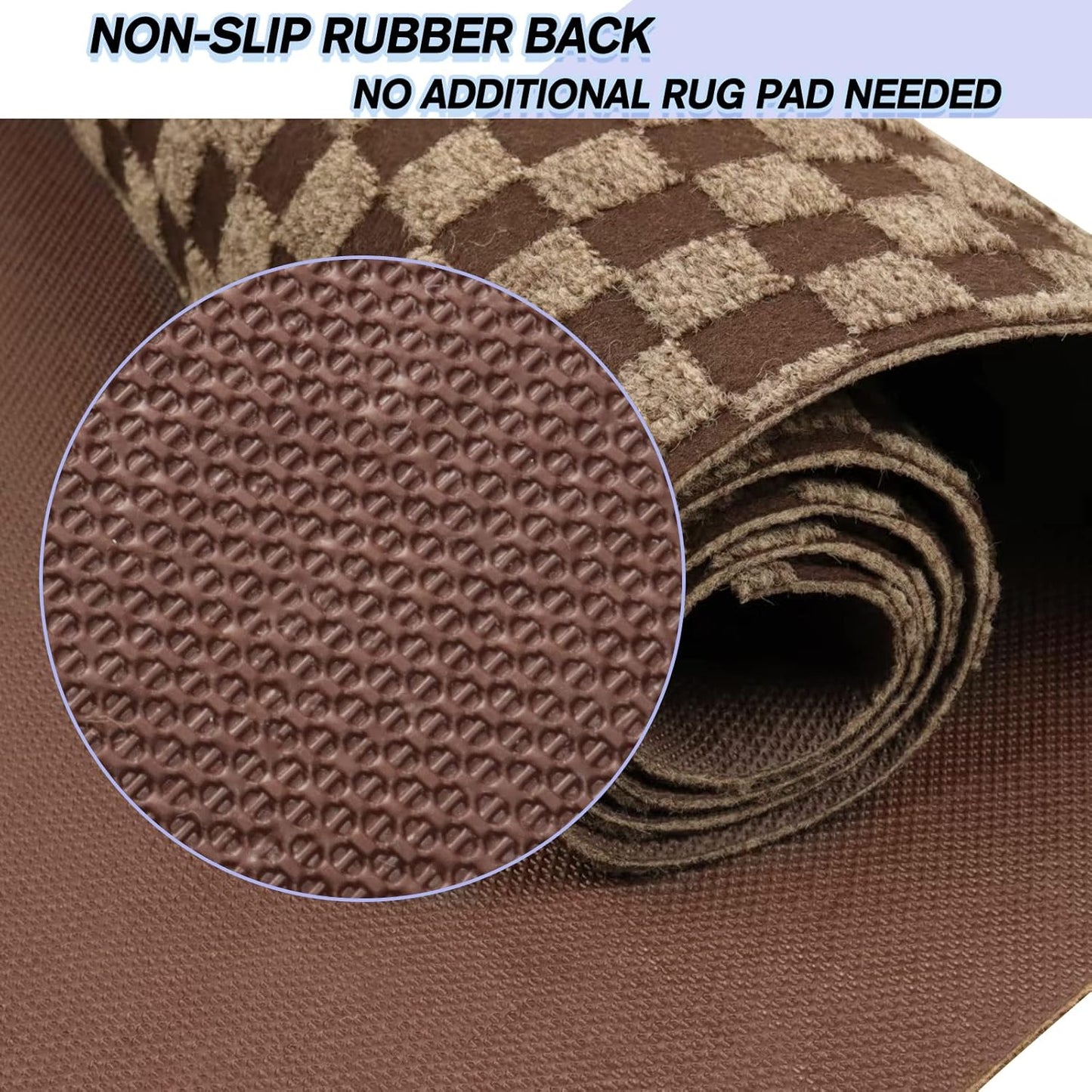 Custom Size Backed Non-Slip Area Rugs Runner, Easy Clean, Waterproof Runner Rugs for Hallway Entryway, Kitchen, Laundry, 3FT x 15FT, Brown Checkered