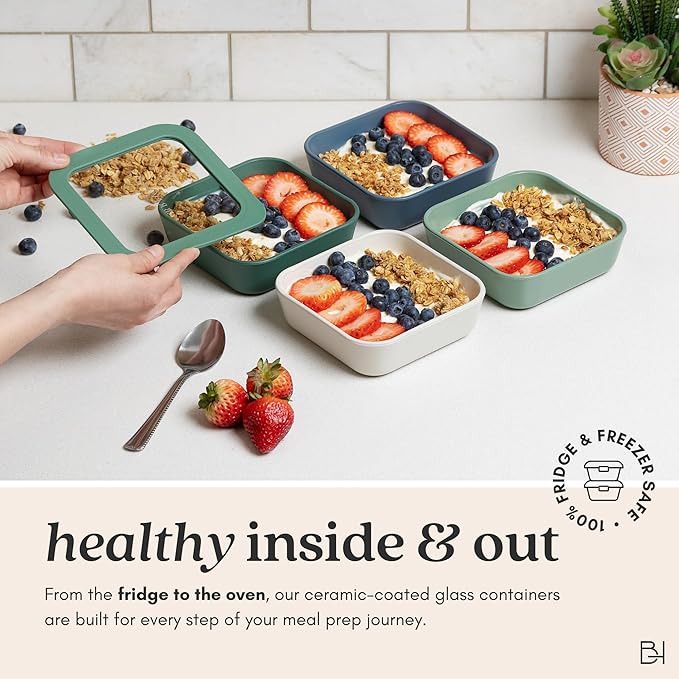 Ceramic Coated Glass Food Storage Containers | No PTFE, PFOA, PFAS, and BPA | Reusable Non Toxic Meal Prep Containers with Glass Lids | Easy To Store | 10 Piece Set [Dusk]