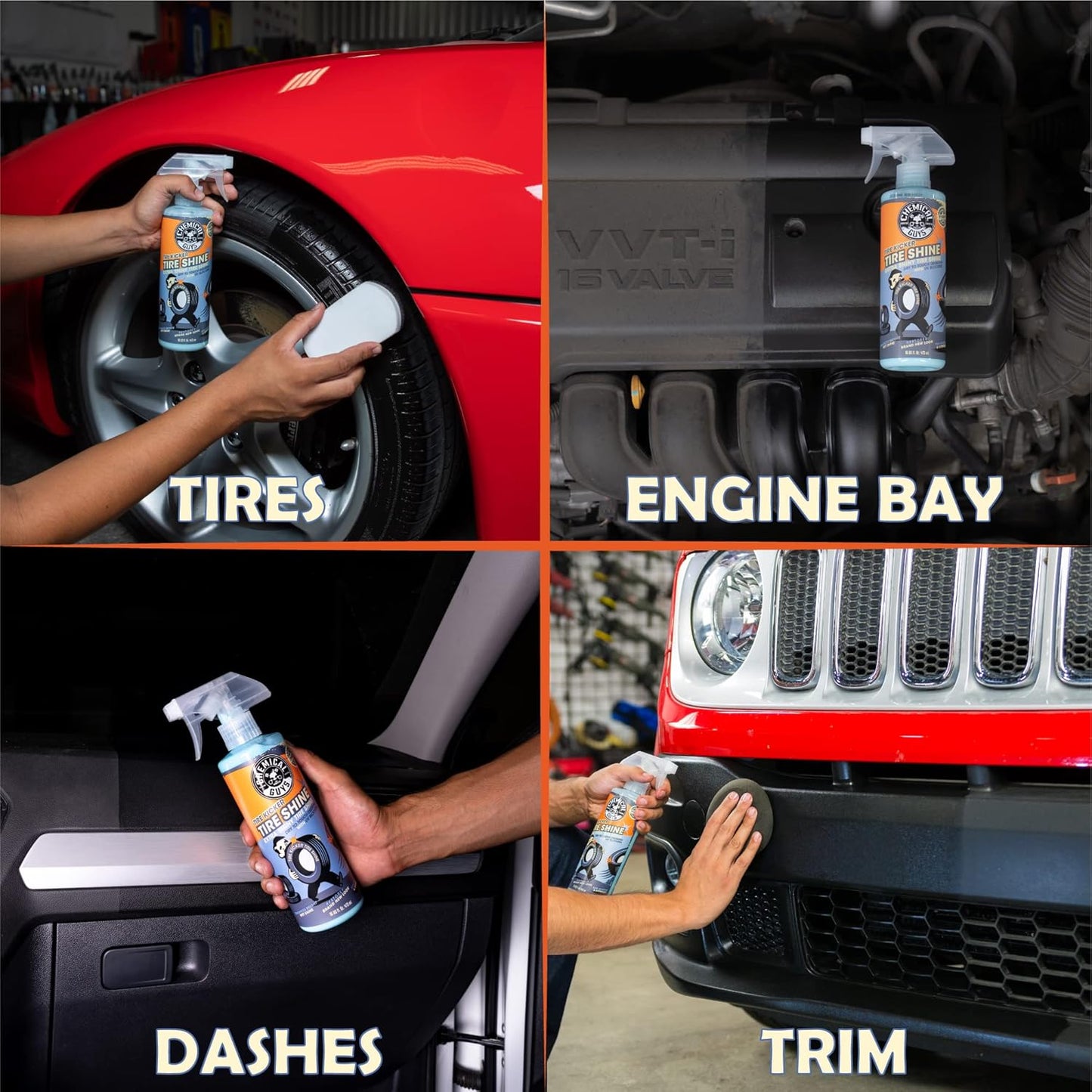 Chemical Guys Tire Kicker Sprayable Extra Glossy Tire Shine (Works on Rubber, Vinyl & Plastic), Great for Cars, Trucks, SUVs, Motorcycles, RVs & More, 16 oz (2 Pack)