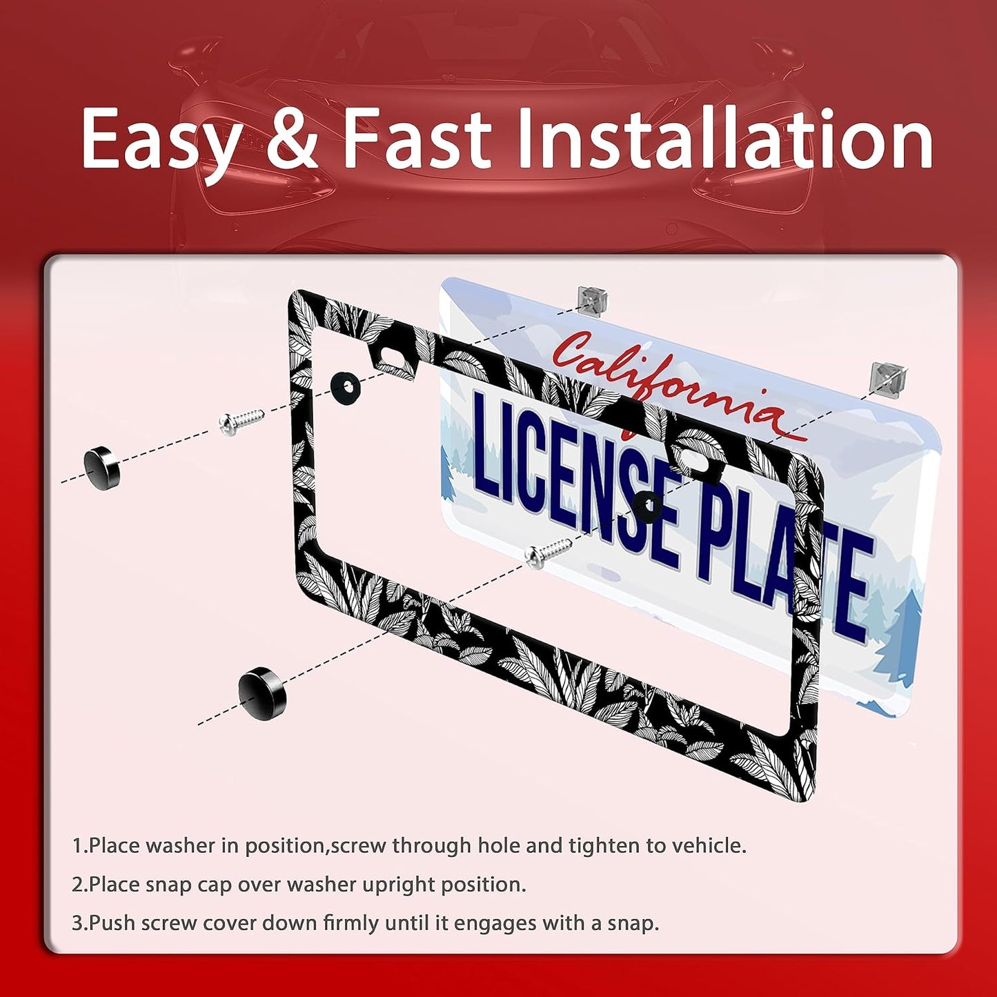 Black White Tropical Leaf License Plate Frame License Plate Stainless Steel Auto Parts License Plate Decorative with Screws Size 12.3" x 6.3" for Men Women