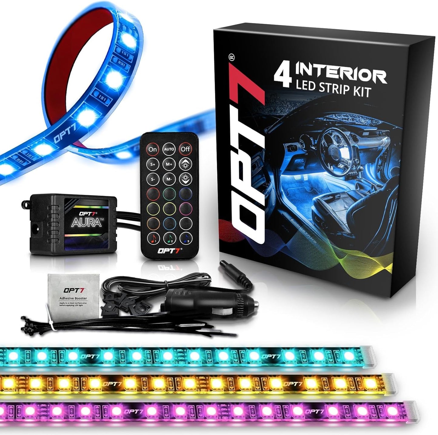 OPT7 Aura Interior Car Lights with Remote Control, Color Change, Music Sync Inside Ambient Lighting Kit, LED Light for Cars Trucks Under Dash Accessories, Charger Adapter 12V, 4pc Single Row LED Strip