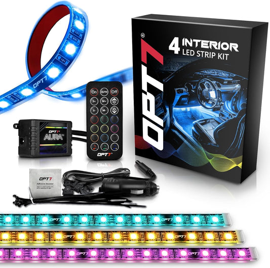 OPT7 Aura Interior Car Lights with Remote Control, Color Change, Music Sync Inside Ambient Lighting Kit, LED Light for Cars Trucks Under Dash Accessories, Charger Adapter 12V, 4pc Single Row LED Strip