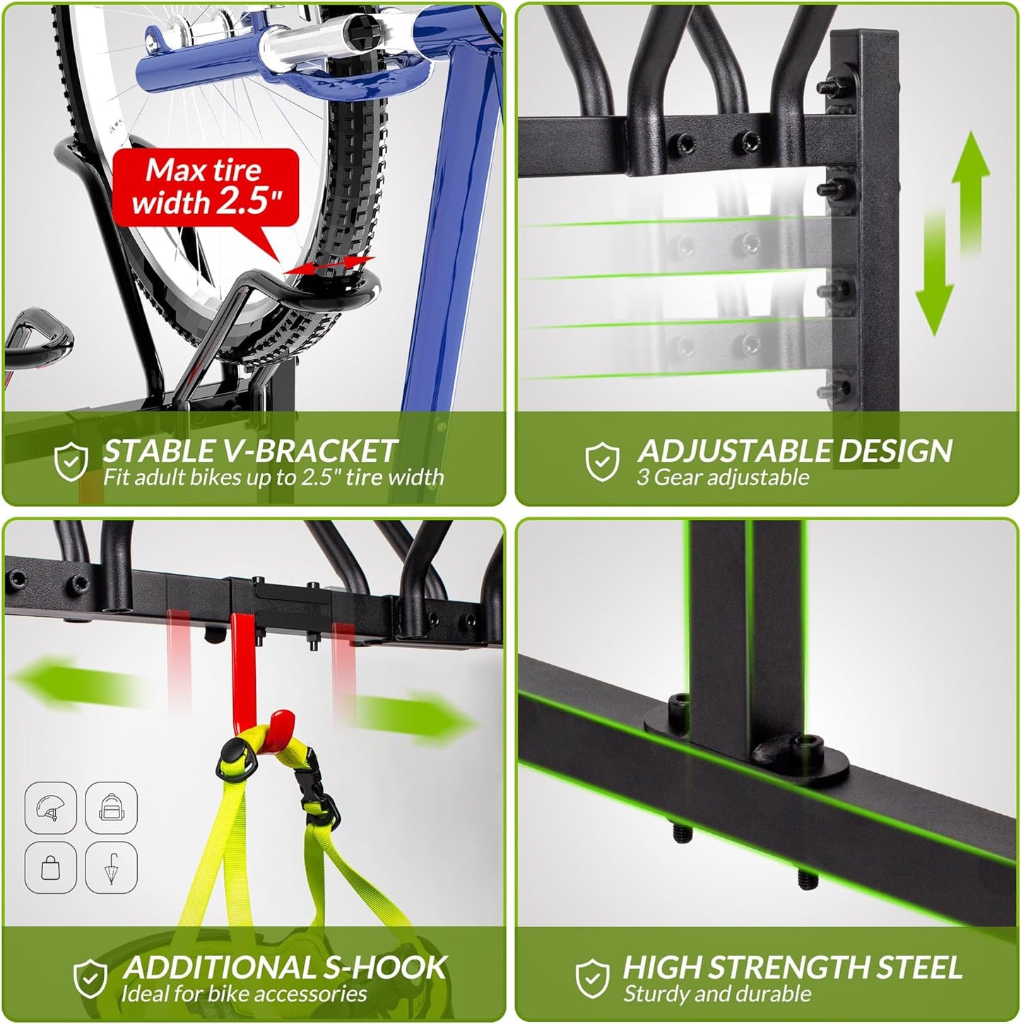 2 Bikes Floor Stand,Adjustable Bicycle Parking Rack with Hook for Garage/Indoor/Outdoor,Metal Cycle Storage Organizer Rack for Road Bikes