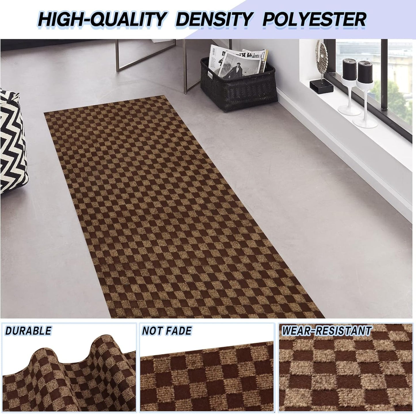 Custom Size Backed Non-Slip Area Rugs Runner, Easy Clean, Waterproof Runner Rugs for Hallway Entryway, Kitchen, Laundry, 2FT x 46FT, Brown Checkered