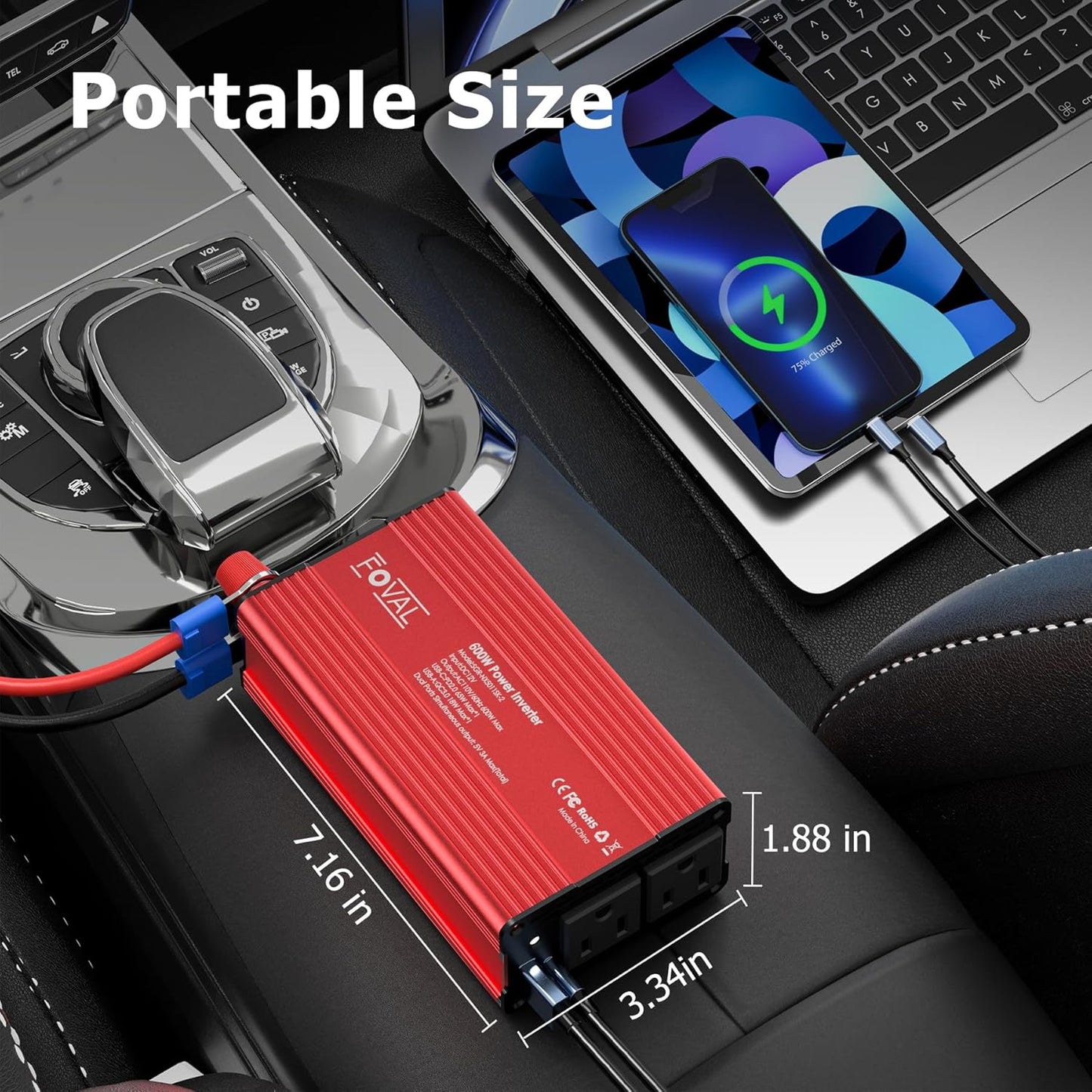 FOVAL 600W Power Inverter 12V DC to 110V AC Car Plug Adapter Outlet Converter with [65W PD USB-C] & [18W QC USB-A] Fast Charging Ports and 2 AC Outlets Car Power Inverter for Laptop Computer