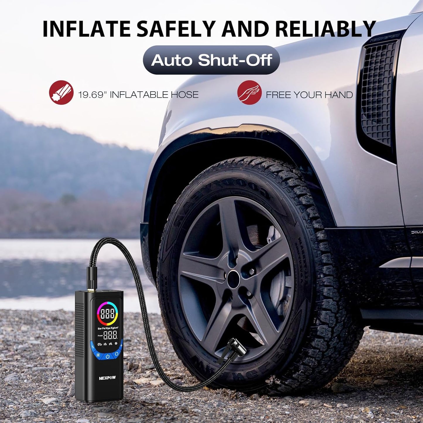 NEXPOW NP17 Portable Air Compressor, 150 PSI Digital Tire Inflator, Fast Inflation with Auto Shut-Off, LED Light, Multiple Nozzles for Car, Bike, and Ball, Compact Design, Blue