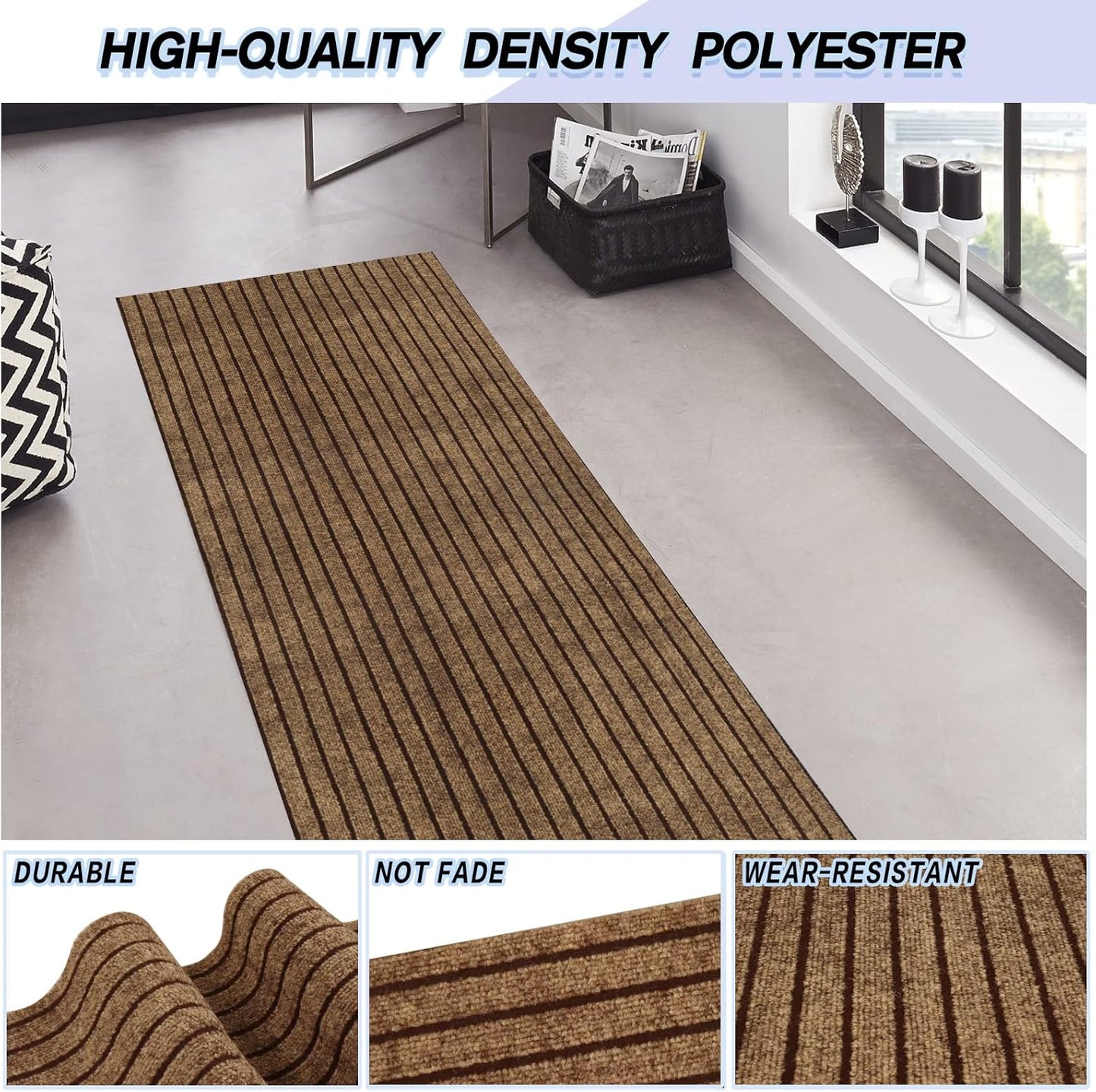 Custom Size Backed Non-Slip Area Rugs Runner, Easy Clean, Waterproof Runner Rugs for Hallway Entryway, Kitchen, Laundry, 4FT x 17FT, Brown Stripe