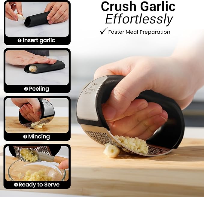 Zulay Kitchen Stainless Steel Garlic Press Rocker Set - Premium Garlic Mincer Garlic Crusher - New Innovative Garlic Crusher with Peeler and Scraper - Comfortable Grip (Black)