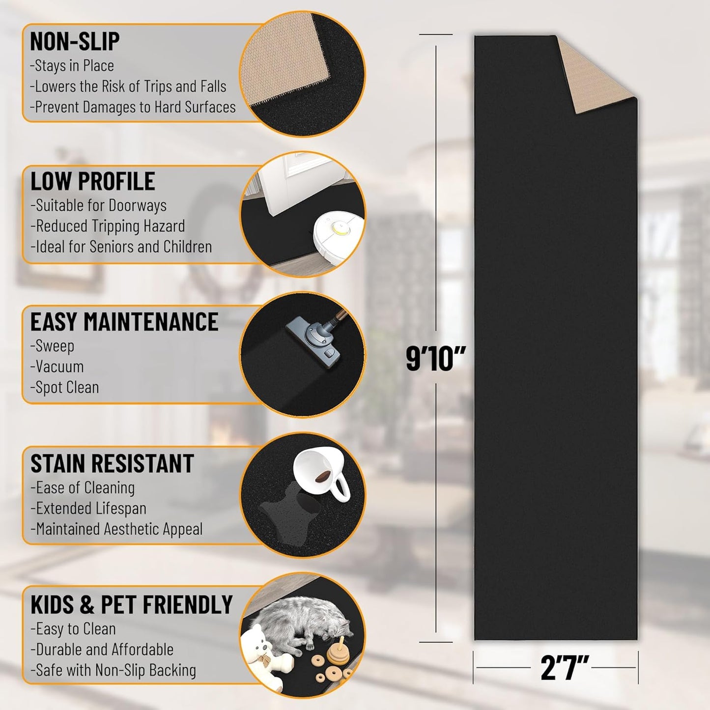 Ottomanson Hallway Runner Rug 2'7" x 9'10" Non Slip Solid Area Rugs Easy to Clean Laundry Rug Runner Durable & Pet Friendly Floor Carpet Runners for Hallways Entryway Living Room Kitchen, Black