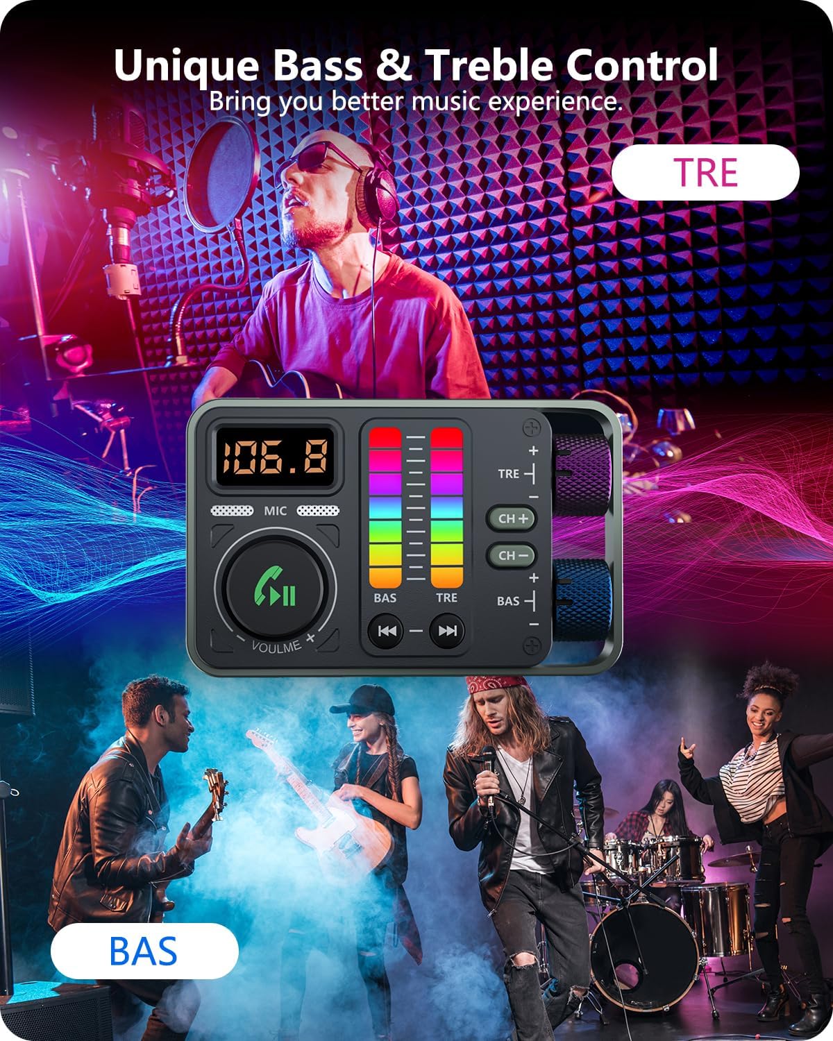 LENCENT Bluetooth Car Adapter, Bluetooth 5.3 FM Radio Transmitter with Hi-Fi Treble & Bass Music Player, PD20W and QC18W Fast Charger, Dual Mics for Hands-Free Call, Siri & Google, U Disk/3.5mm AUX
