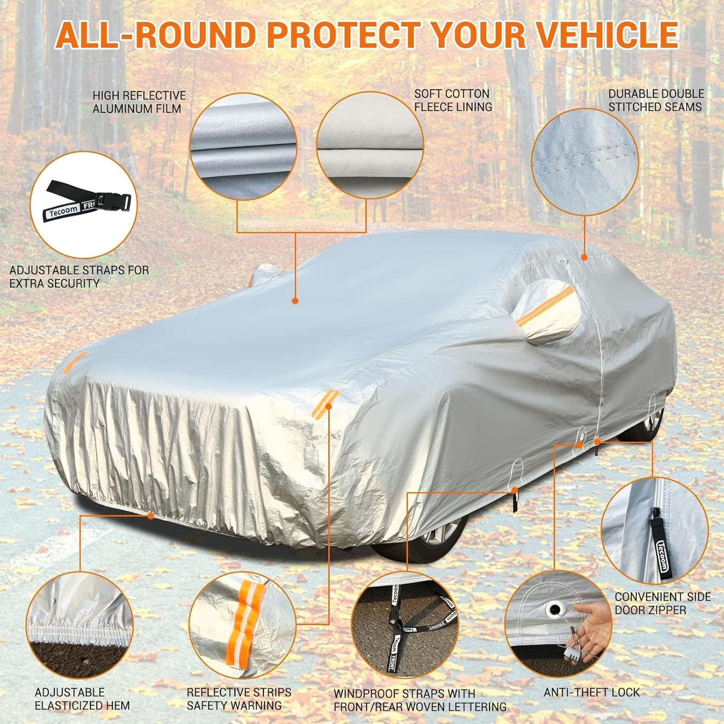 Tecoom Car Cover Waterproof All Weather, 3 Layers Car Covers for Automobiles, Fleece Lining with Zipper Door Lock Full Exterior Covers, Wind Rain Snow Sun Hail Protection Fit for Sedan (191-200 Inch)