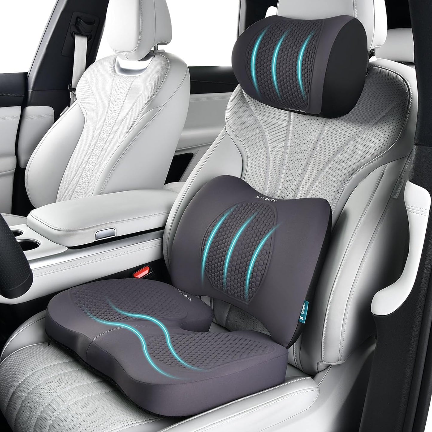 FLORICH 3 PCS Seat Cushion for Carseat Lumbar Support Pillow Car Neck Headrest Pillows Memory Foam Seat Pads Pressure Relief Back Cushion for Office Chair(Grey)