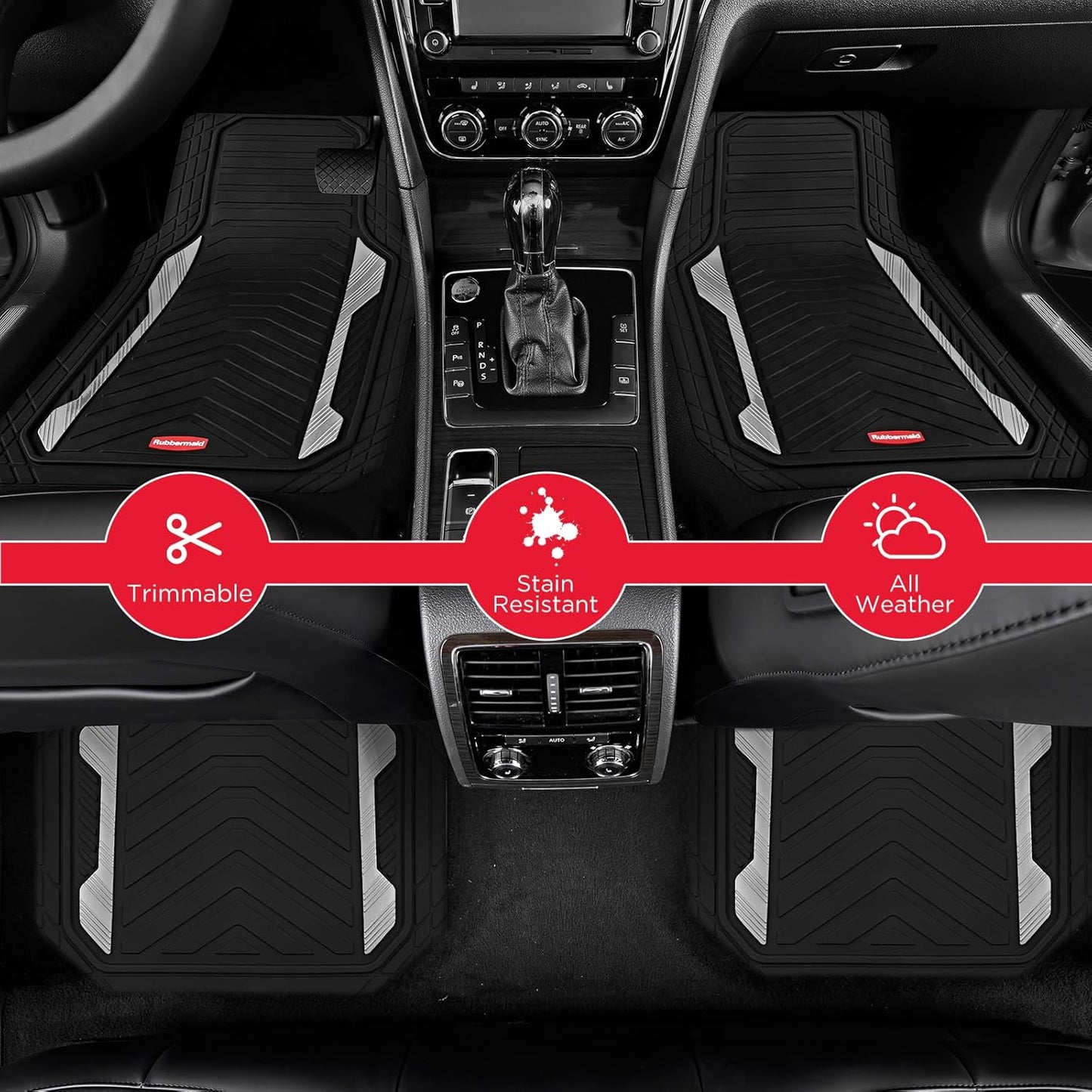 Rubbermaid Car Floor Mat, Heavy Duty All-Weather Car Mats Full Set with Dual-Tone Sliver Aluminum Inserts – Universal Fit, Anti-Slip Backing, Trim-to-Fit for Most SUV, Sedan, Van