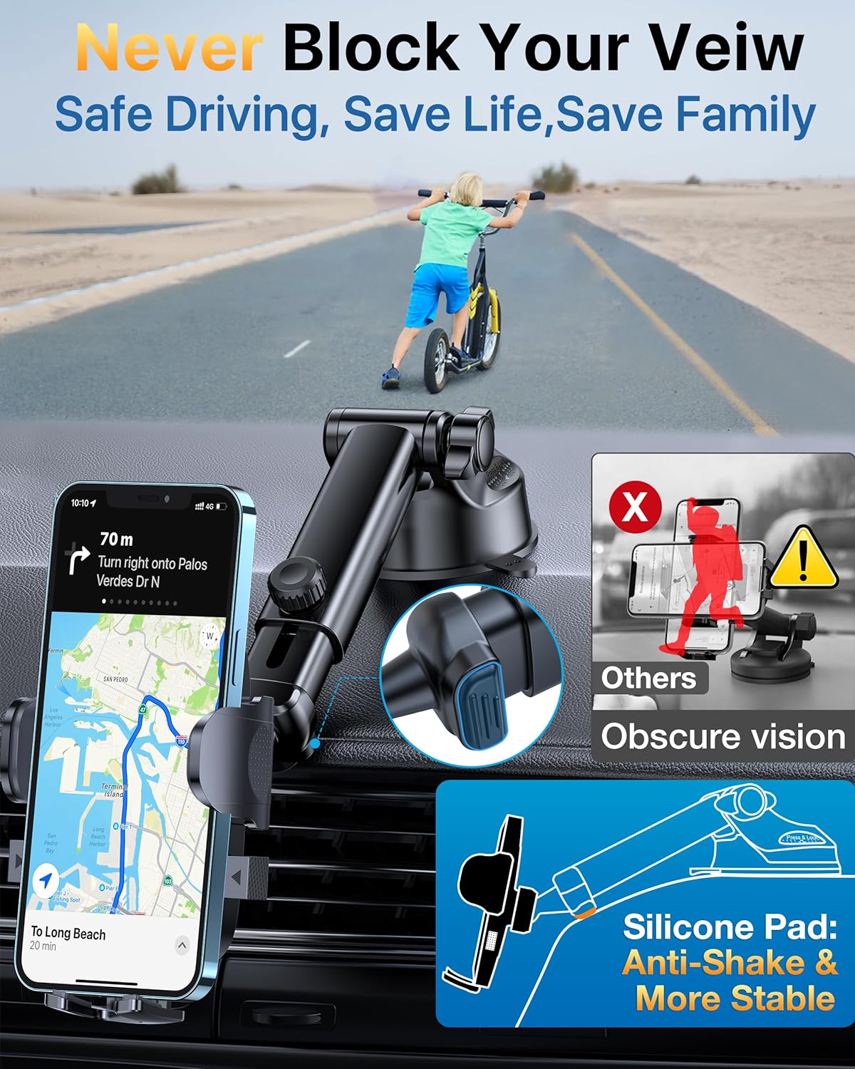 YRU [2025 Upgrade Extreme Strong Suction] Car Phone Holder Mount,[Bumpy Road Stable] Dashboard Cell Phone Holder for Car Vent Windshield Phone Stand for iPhone 16 15 14 13 Pro Max Samsung Truck, Grey