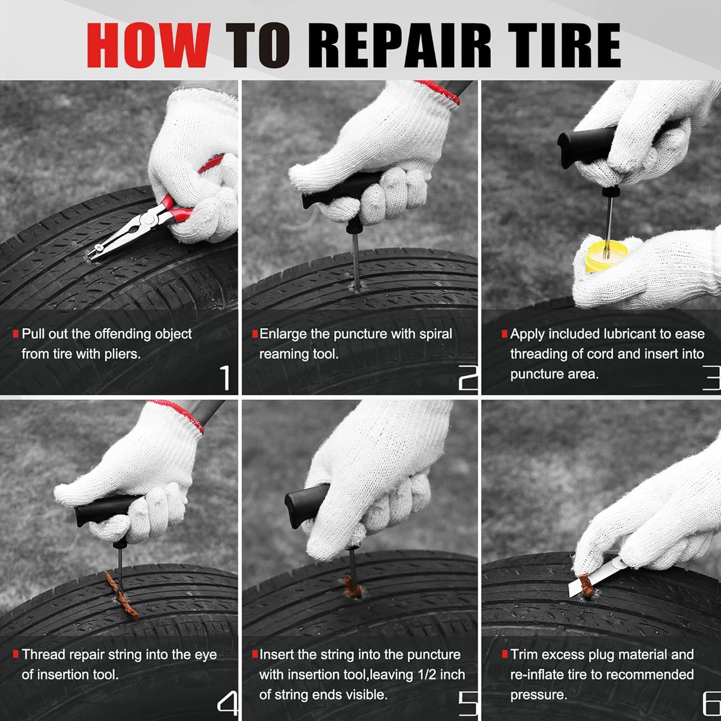 Economical Tire Repair Kit to Fix Punctures and Plug Flats, 10-Piece Value Pack, Ideal for Cars, Trucks, Motorcycles, ATV, with Storage case