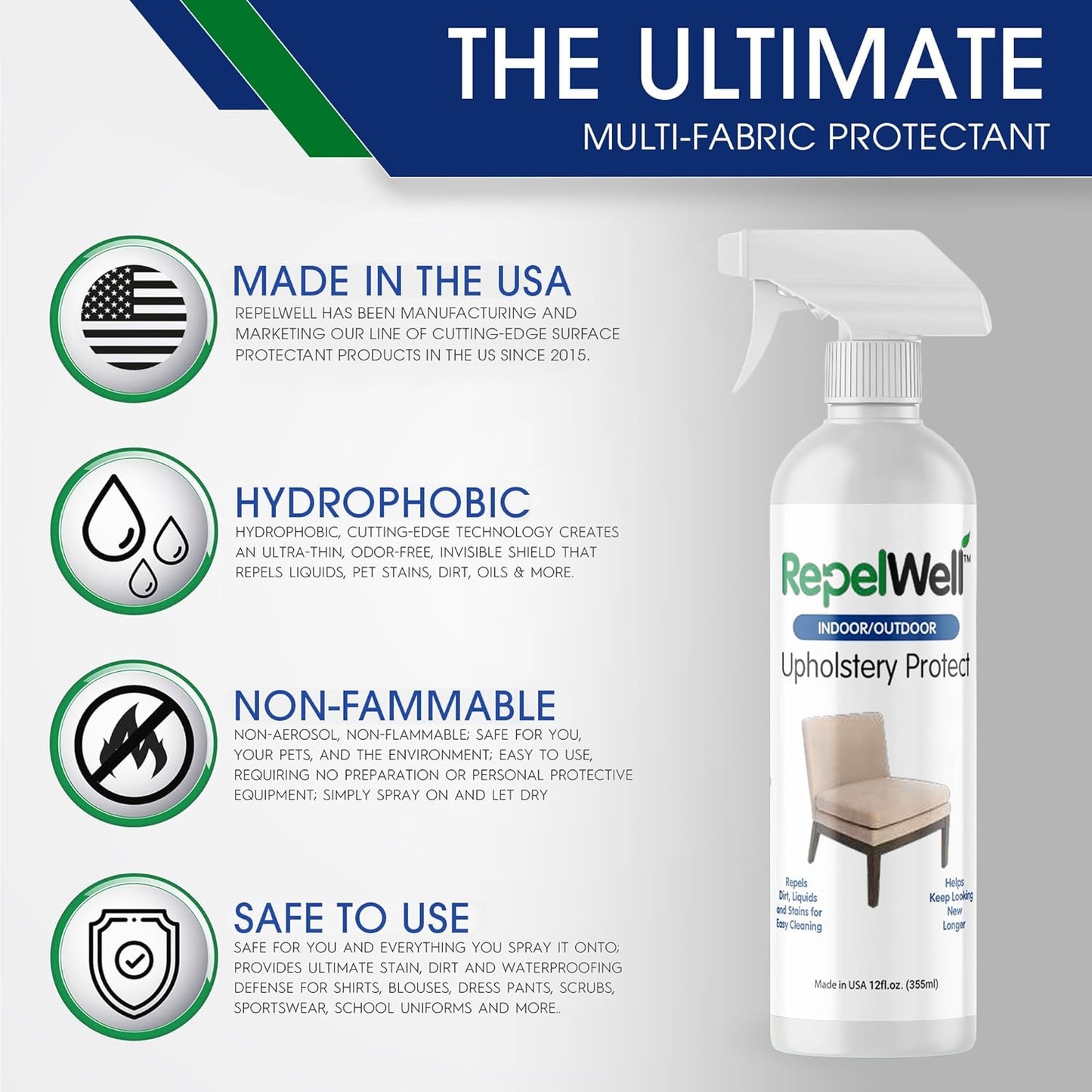 Upholstery Protect Stain & Water Repellent Spray (12oz) Eco-Friendly, Pet-Safe Spray Keeps Your Fabric, Leather & Suede Upholstery Looking Like New