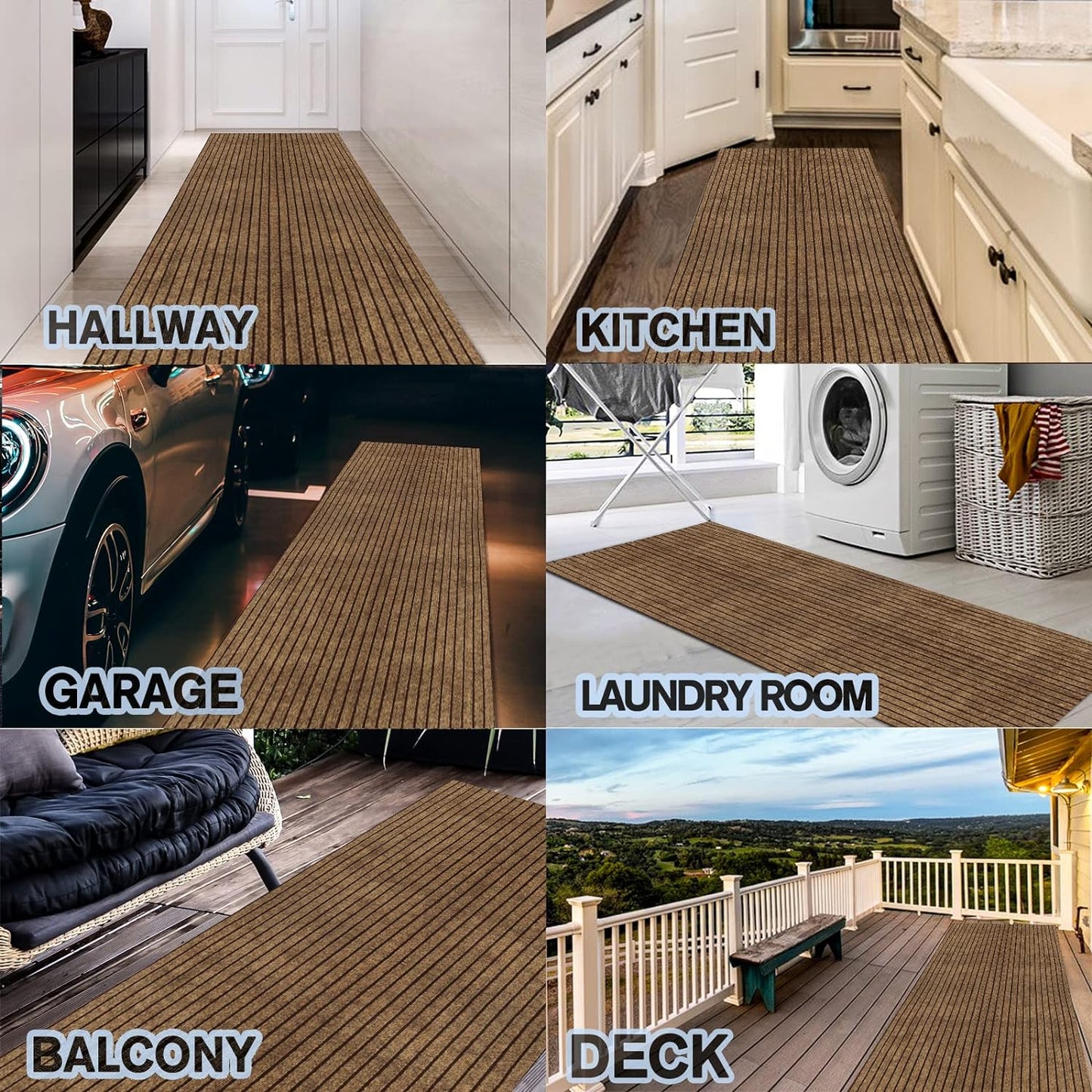 Custom Size Backed Non-Slip Area Rugs Runner, Easy Clean, Waterproof Runner Rugs for Hallway Entryway, Kitchen, Laundry, 3FT x 53FT, Brown Stripe