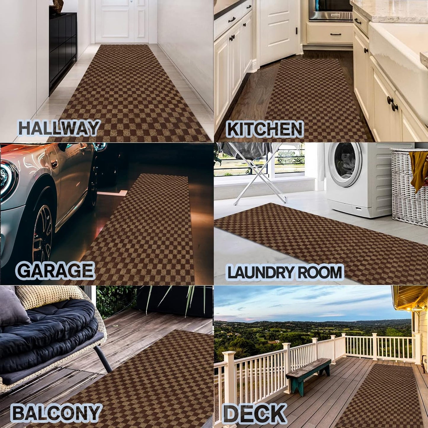 Custom Size Backed Non-Slip Area Rugs Runner, Easy Clean, Waterproof Runner Rugs for Hallway Entryway, Kitchen, Laundry, 3FT x 37FT, Brown Checkered