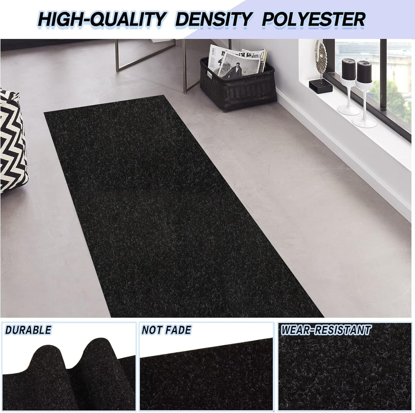 Custom Size Backed Non-Slip Area Rugs Runner, Easy Clean, Waterproof Runner Rugs for Hallway Entryway, Kitchen, Laundry, 2FT x 59FT, Black