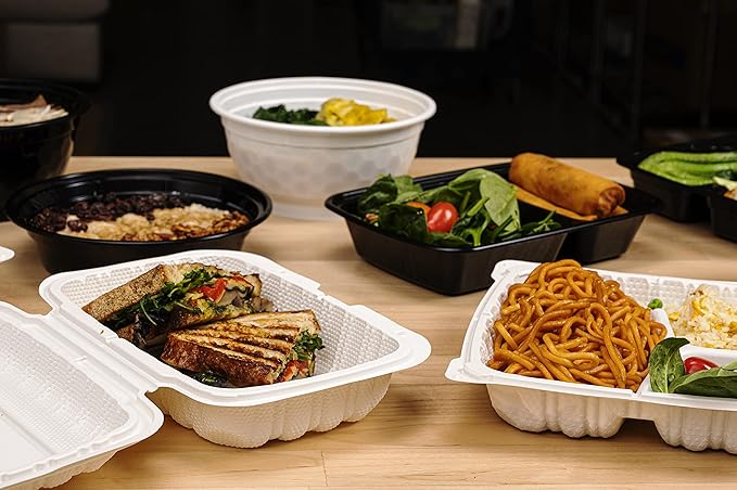 TIYA Clamshell Food Containers - White Bulk 150 Pack, 8x8 in - BPA-Free Plastic To-Go Containers - Microwavable, Hinged, Tall Reusable Clamshells - Great for Meal Prep