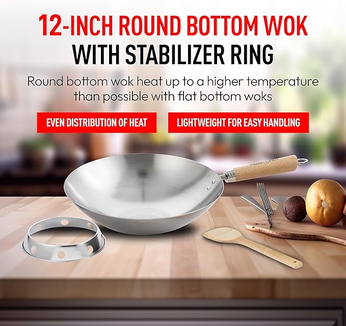 Helen's Asian Kitchen Round Bottom Wok Set, Carbon Steel and Bamboo, 12-Inches, 4-Piece Set